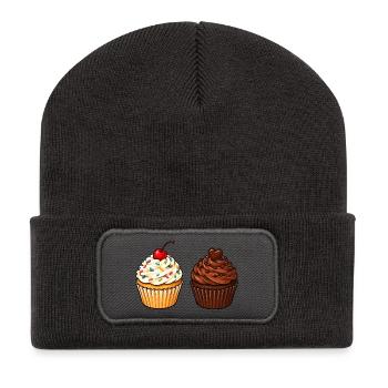 Cupcake Duo: Vanille & Schoko - Recycelte Patch Beanie - Dunkelgrau - Vorne
