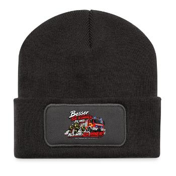 Feuerwehr Spruch Besser sie kommen zu uns als wir - Recycelte Patch Beanie - Dunkelgrau - Vorne