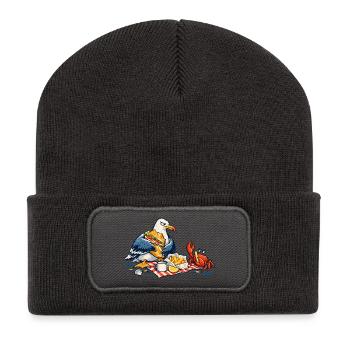 Möwe & Krabbe beim Strandpicknick – Küste - Recycelte Patch Beanie - Dunkelgrau - Vorne