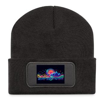 Retro Neon Neonlandschaft Berg & Sonne - Recycelte Patch Beanie - Dunkelgrau - Vorne