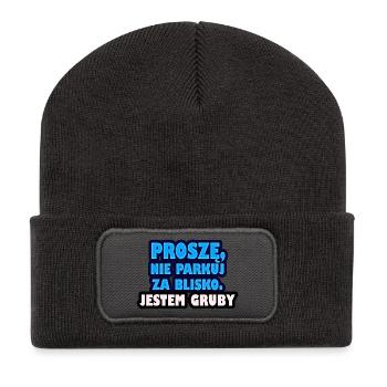 Bitte parken Sie nicht zu nah. Ich bin fett. - Recycelte Patch Beanie - Dunkelgrau - Vorne