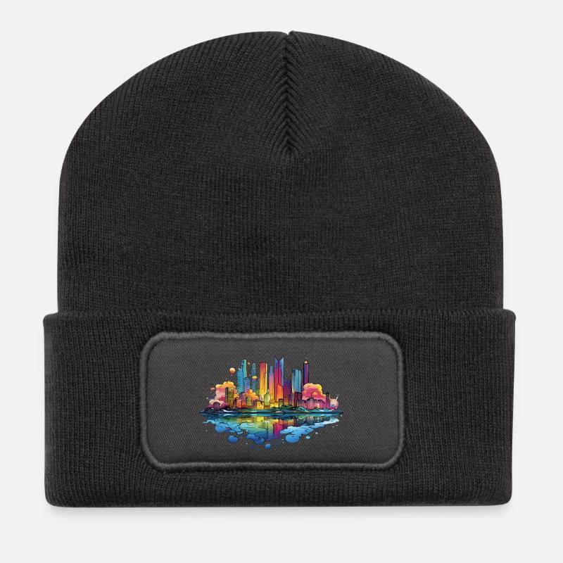 Bunte Skyline Reflektion - Recycelte Patch Beanie - Dunkelgrau