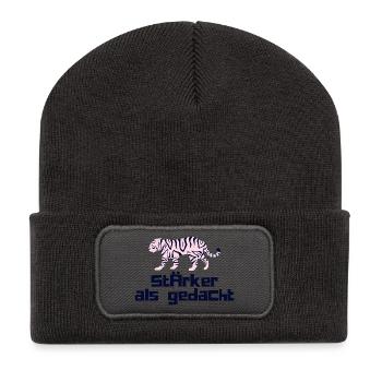 Stärker als gedacht: Pinker Tiger - Recycelte Patch Beanie - Dunkelgrau - Vorne