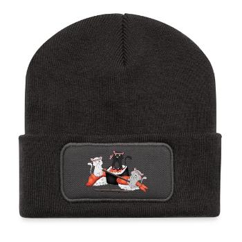 Kawaii-Katzen, die Sushi essen – Niedlicher japanischer Anime - Recycelte Patch Beanie - Dunkelgrau - Vorne