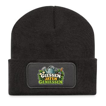 Gießen Jäten Genießen Gartenfreude - Recycelte Patch Beanie - Dunkelgrau - Vorne