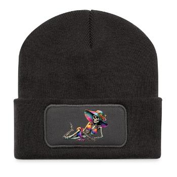 Sonnenbeschienenes Skelett mit geblümtem Hut - Recycelte Patch Beanie - Dunkelgrau - Vorne