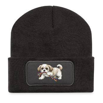 Shih Tzu Welpe spielt png - Recycelte Patch Beanie - Dunkelgrau - Vorne