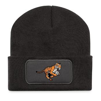 Starker Tiger Mit Fußball Für Fußballfans - Recycelte Patch Beanie - Dunkelgrau - Vorne