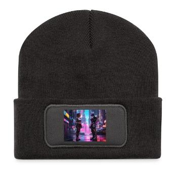 Neon Cyberpunk Begegnung - Recycelte Patch Beanie - Dunkelgrau - Vorne