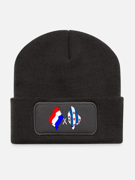 Flagge der Niederlande, Friesland gekreuzt - Recycelte Patch Beanie - Dunkelgrau