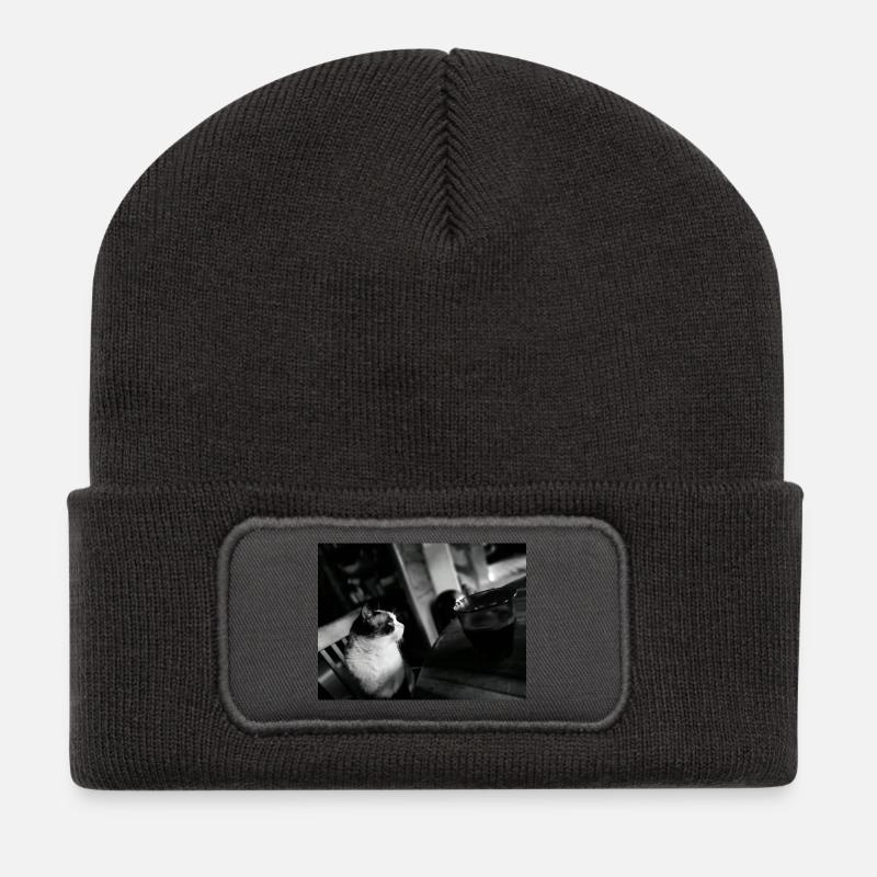 Black Cat and Coffee Mug - Recycled Patch Beanie - dark grey