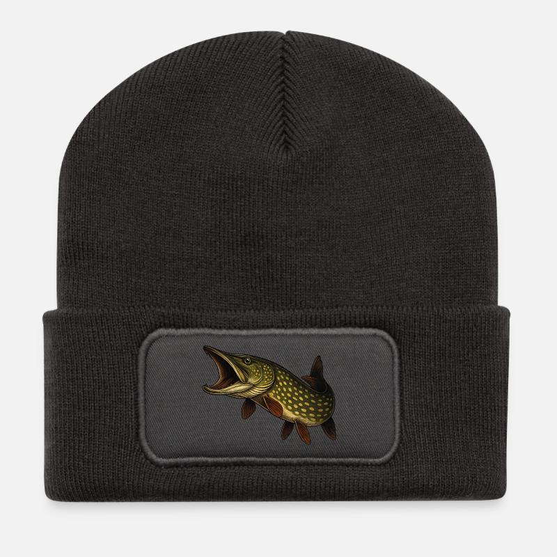 Dynamischer Hecht Fischmotiv - Recycelte Patch Beanie - Dunkelgrau