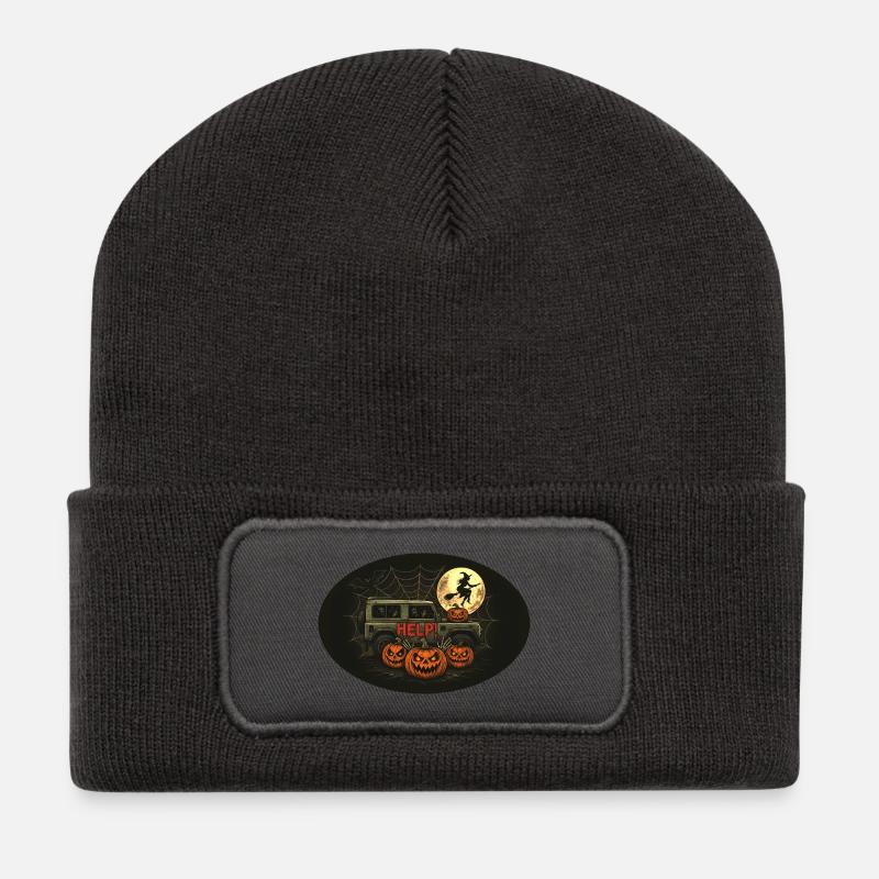 Défenseur d’Halloween avec citrouilles et sorcière - Beanie recyclé à patch - charbon