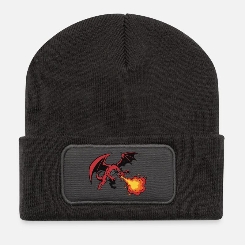 Roter Drache Feueratem Design - Recycelte Patch Beanie - Dunkelgrau
