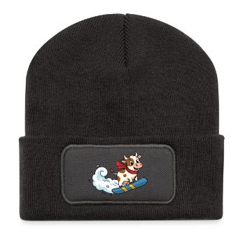 Snowboard Kuh Cartoon Lustige Winterkuh - Recycelte Patch Beanie - Dunkelgrau - Vorne