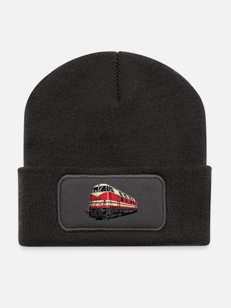 Rote Vintage Lokomotive Illustration BR 118 - Recycelte Patch Beanie - Dunkelgrau