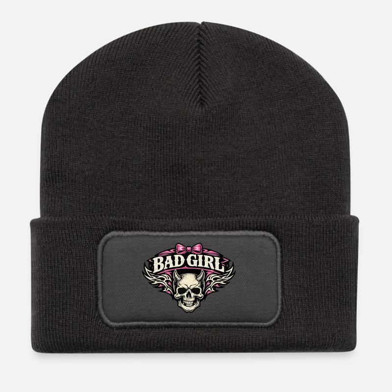 Bad Girl Skull mit Flügeln - Recycelte Patch Beanie - Dunkelgrau
