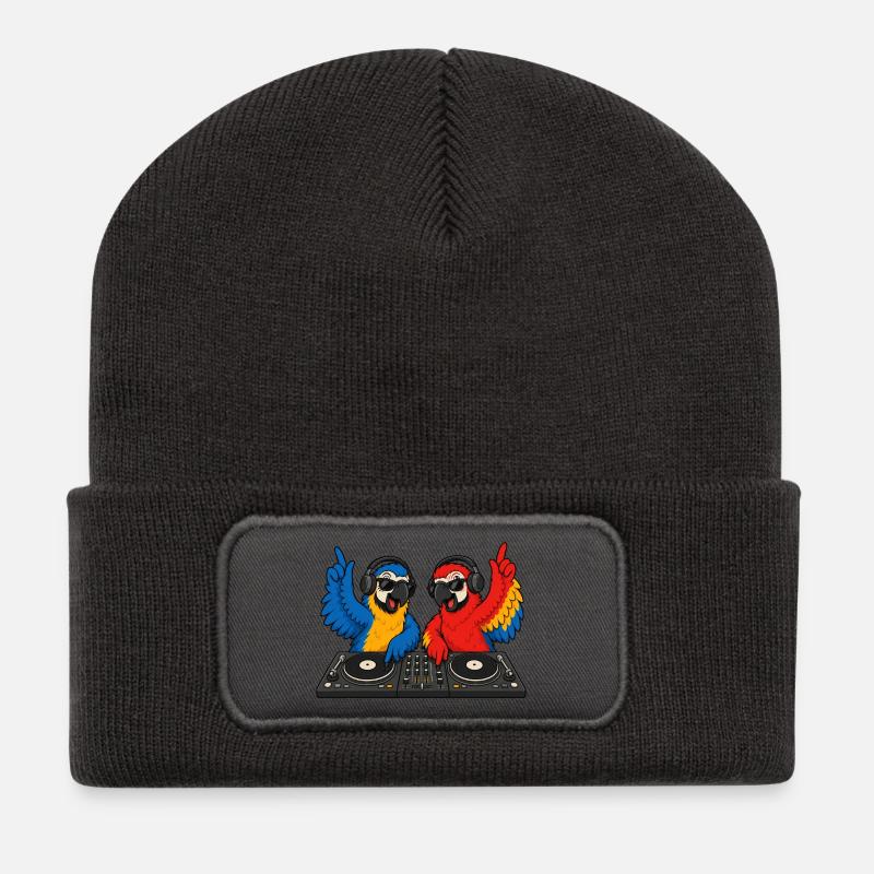 Papageien DJ-Duo - Recycelte Patch Beanie - Dunkelgrau