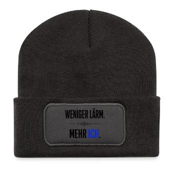 Weniger Lärm - mehr Ich  Statment  - Recycelte Patch Beanie - Dunkelgrau - Vorne