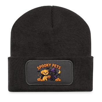 🎃 Gruselige Haustiere – Halloween-Katze und -Hund - Recycelte Patch Beanie - Dunkelgrau - Vorne