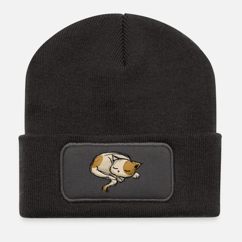Schlafende Katze Strich zeichnung - Recycelte Patch Beanie - Dunkelgrau