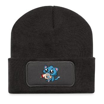 Chaton qui a faim - Beanie recyclé à patch - charbon - Devant