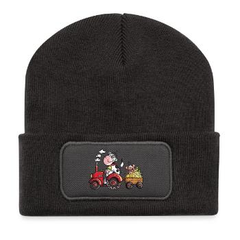 Cow driving a tractor - Farmer - Gift - Pig - Recycled Patch Beanie - dark grey - Front
