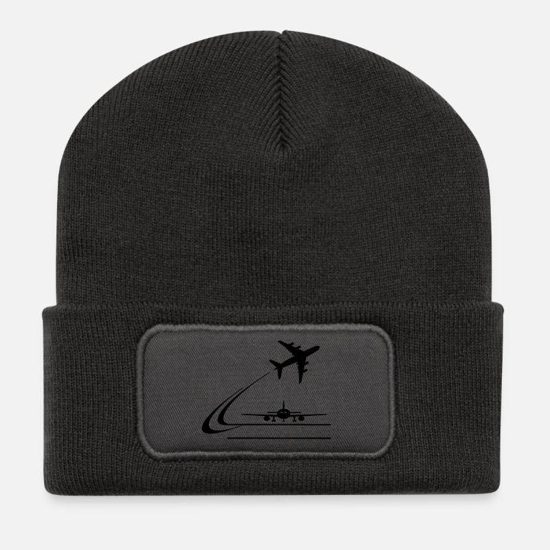 Vorderansicht Flugzeug und wegfliegendes Flugzeug - Recycelte Patch Beanie - Dunkelgrau