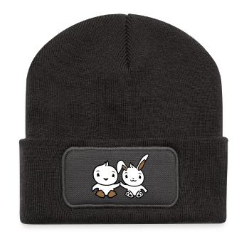 Hase Vogel Küken 2 Freunde Team Zwei Hände halten - Recycelte Patch Beanie - Dunkelgrau - Vorne