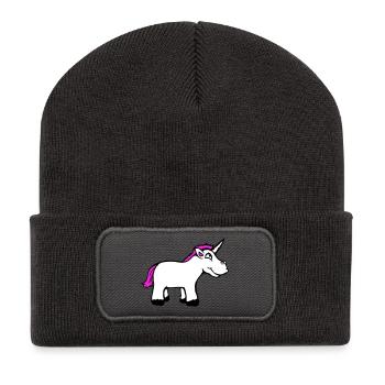 Licorne rose drôle sourire sourire dessin animé bande dessinée - Beanie recyclé à patch - charbon - Devant