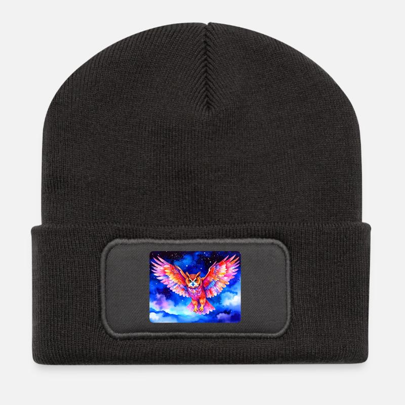 Bunter Uhu vor Sternenhimmel - Recycelte Patch Beanie - Dunkelgrau