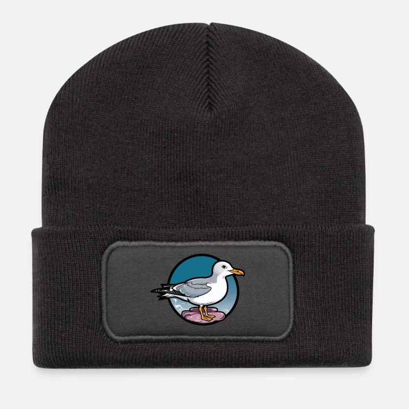 Sea Seagull on Rocks Vintage Logo - Recycled Patch Beanie - dark grey