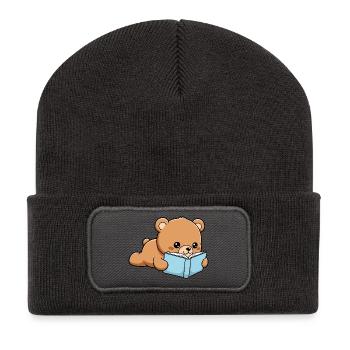 Book Bear Funny Bear reading Book - Recycled Patch Beanie - dark grey - Front