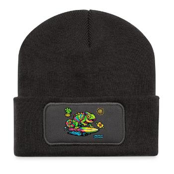 Colorful chameleon surfing art - Recycled Patch Beanie - dark grey - Front