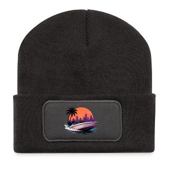 Sunset motorboat in the city - Recycled Patch Beanie - dark grey - Front