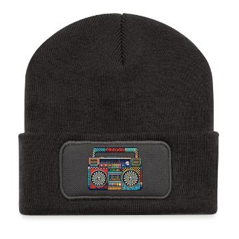 Farbenfrohe Retro Boombox Muster - Recycelte Patch Beanie - Dunkelgrau - Vorne