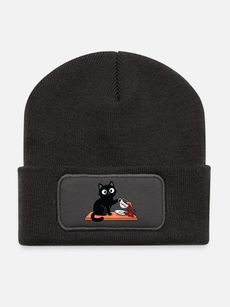 Freche Katze schüttet Kaffee um - lustig - Recycelte Patch Beanie - Dunkelgrau