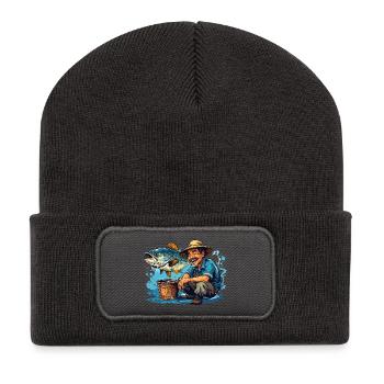 Fröhlicher Fischer und Riesenfisch - Recycelte Patch Beanie - Dunkelgrau - Vorne