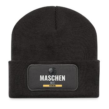 Strickanfänger Geschenk fürs erste fertige Stück - Recycelte Patch Beanie - Dunkelgrau - Vorne