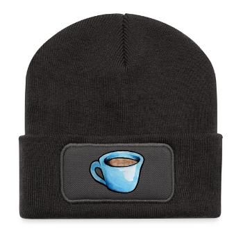 Blaue Aquarell Kaffeetasse - Recycelte Patch Beanie - Dunkelgrau - Vorne