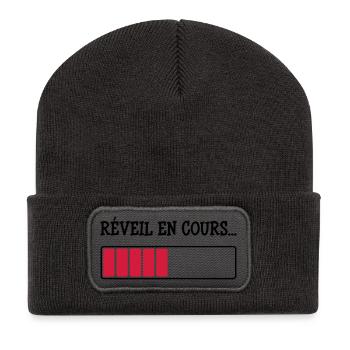 Réveil en cours... - Beanie recyclé à patch - charbon - Devant