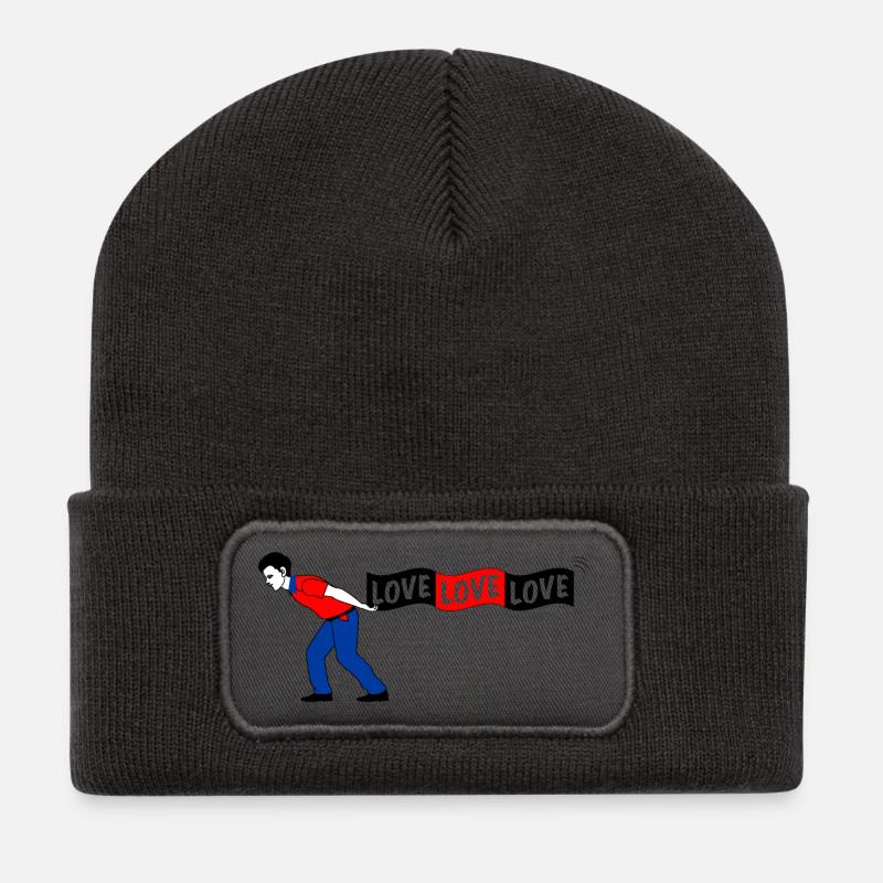 Mann zieht LOVE Banner - Recycelte Patch Beanie - Dunkelgrau