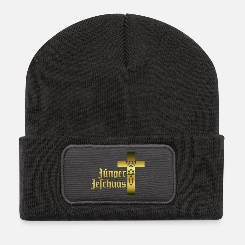 Jünger Jeschuas Schriftzug mit Kreuz - Recycelte Patch Beanie - Dunkelgrau