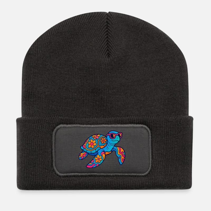 Tortue animal à fleurs colorées avec des lunettes de soleil - Beanie recyclé à patch - charbon