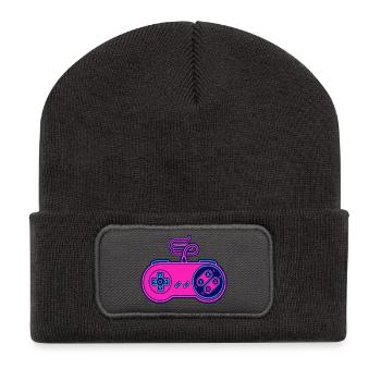 Retro-Pink-Neon-Controller - Recycelte Patch Beanie - Dunkelgrau - Vorne