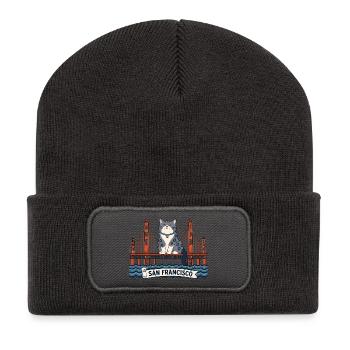 San Francisco Cat at golden Bridge USA Travel - Recycelte Patch Beanie - Dunkelgrau - Vorne