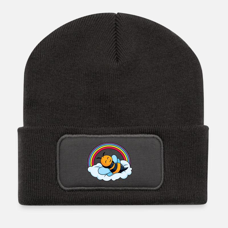 Schlafende Biene auf Wolke - Recycelte Patch Beanie - Dunkelgrau