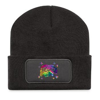Mamabär Bärin Bunt Tie Dye Batik - Recycelte Patch Beanie - Dunkelgrau - Vorne