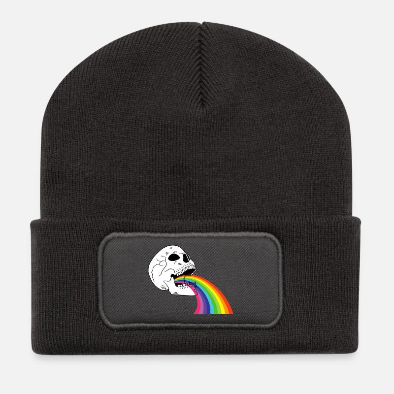Regenbogen-Totenkopf - Recycelte Patch Beanie - Dunkelgrau