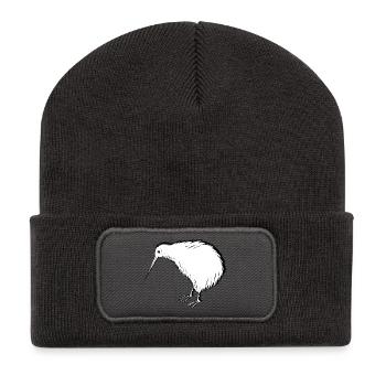 Kiwi Vogel Illustration in Schwarzweiß - Recycelte Patch Beanie - Dunkelgrau - Vorne